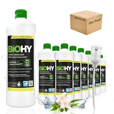 Abbildung von BIOHY Teppichreiniger für Waschsauger (12 x 1 Liter) + Dosierer geeignet alle entfernt Flecken und Schmutz mühelos Reinigung Pflege in nur einem Arbeitsgang