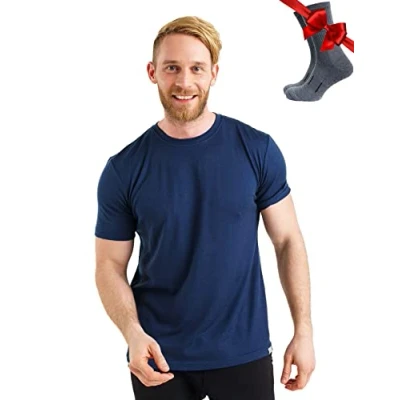 Abbildung von Premium Merino Shirt Herren Kurzarm Thermooberteile 100% Unterwäsche + Wanderwollsocken (Large, Navy)