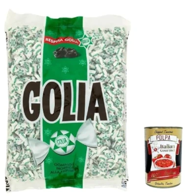 Abbildung von Golia Farfallina Gummibonbons, Lakritzgeschmack, Bonbon einzeln in einem Stück verpackt, 1kg Packung + Italian Gourmet polpa 400g