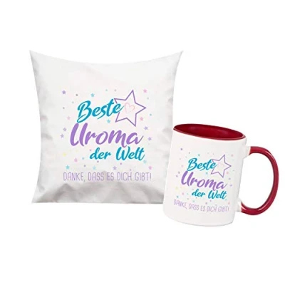 Abbildung von ShirtInStyle, Geschenkset, beste Uroma der Welt, danke das es dich gibt! Kissen und Tasse als Set Farbe weinrot