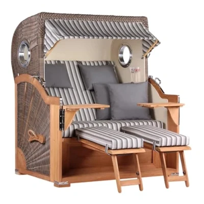 Abbildung von MR. DEKO® Strandkorb Baltikum 2,5 Sitzer Teak PE Geflecht Grey Volllieger Strandkörbe aus Teakholz mit 2 Bullaugen &amp; Fußablagen Polster 4 Kissen Strandstuhl (Dessin 545)