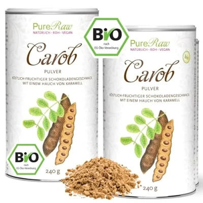 Abbildung von Carobpulver Bio Vegan Natürliche Süße,Ballaststoffreich, Koffeinfrei, Mineralien Kakao Alternative für Trinkschokolade ohne Zucker Johannisbrot Pulver Bio, Carob Powder PureRaw 480g (=2x 240g)