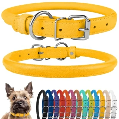 Abbildung von CollarDirect Rundes Leder Hundehalsband, weich gepolstert gerollt, handgefertigtes Echtleder Halsband für Hund Welpe Katze Klein Groß Schwarz Rosa Rot Lila Blau