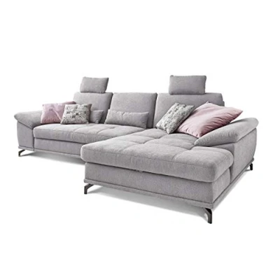 Abbildung von Cavadore Schlafsofa Castiel mit Federkern / Großes Bettsofa in L Form Bettkasten, Sitztiefenverstellung, Kopfstützen und XL Longchair 312 x 114 173 Webstoff, Hellgrau
