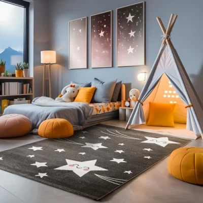 Abbildung von SIMPEX Teppich Kinderzimmer süßes Stern Design Kurzflor Kinderteppich Mädchen Spielteppich Modern Babyzimmer Teppiche für Junge und Extra Weich Antiallergen 120 x 170 cm