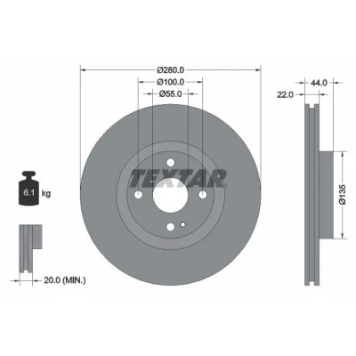 Abbildung von TEXTAR 92301503 Bremsscheibe 280 22 04/05 100 innenbelüftet beschichtet ohne Radlager, Radbefestigungsbolzen, Radnabe MAZDA: MX 5 IV