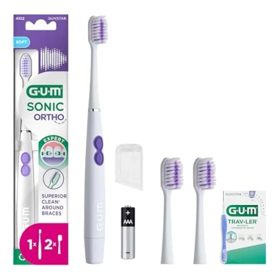 Abbildung von GUM SONIC ORTHO batteriebetriebene elektrische Schallzahnbürste besonders Für unterwegs geeignet eine sanfte und gründliche Reinigung 1x Zahnbürste, Ersatzbürstenköpfen (+1 Gratisprobe)