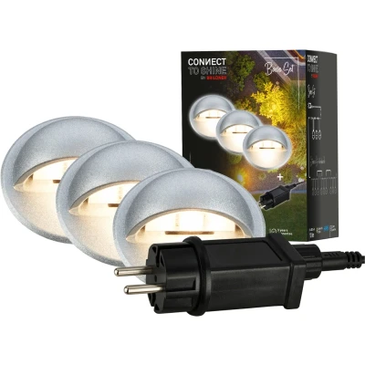 Abbildung von BRILONER Connect to Shine 12V Gartensystem 3er Set Bodeneinbaustrahler mit Seitenlicht, Basisset Trafo, IP65, warmweißes Licht, Gartenbeleuchtung, Bodeneinbauleuchten, 35x36 mm, Silberfarbig