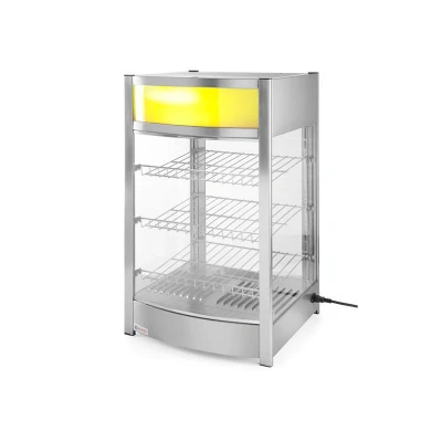 Abbildung von HENDI Warmhaltevitrine 97 Liter 3 Regalböden 40 x 33,5 cm mit Werbebox beleuchtet Wasserbehälter 30C bis 90C, Gastro Wärmetheke