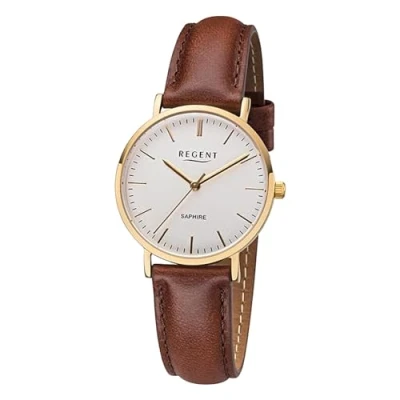 Abbildung von Regent F 1299 Damen Armbanduhr Goldfarben mit Lederband Braun
