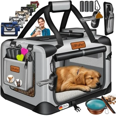 Abbildung von Lovpet® Transportbox Hund Katze Transporttasche XXXL 102x69x69cm Hunde Tragetasche Faltbare Katzentasche Haustier inkl. Hundenapf &amp; Schultergurt für Katzen Hellgrau