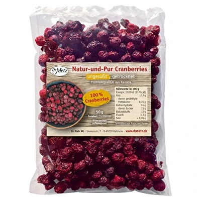Abbildung von Natur und Pur Cranberries, getrocknet &amp; ungesüßt, 50 g zum Einweichen aus Kanada ohne Zucker oder Saftzusatz ideal für Overnight Oats, ins Müsli Backen