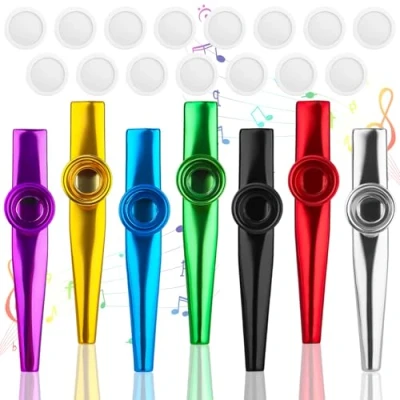 Abbildung von 7 Stück Kazoo Instrument mit 15 Austauschbaren Membran, ELEPRUC Aluminiumlegierung Metall Kazoo, Nasenflöte, Bunt Set Geeignet fur Erwachsene und Musikanfänger Kinder Party Favors Geschenke