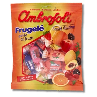 Abbildung von Ambrosoli Frugelé Fruchtgelee in den Geschmacksrichtungen Erdbeere, Zitrone, Orange, Schwarzkirsche, Pfirsich und Brombeere 130g Beutel Weiche Fruchtbonbons Bonbons