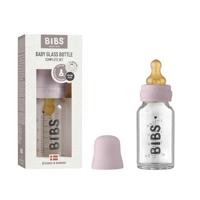 Abbildung von BIBS Baby Glass Bottle, Vermindert Koliken, Runder Sauger aus Naturkautschuklatex, Unterstützt das Stillen. Hergestellt in Dänemark, Complete Set 110 ml, Dusky Lilac