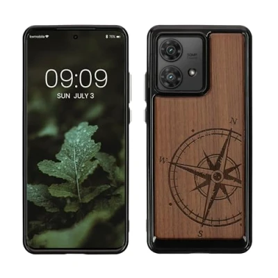 Abbildung von kwmobile Hülle kompatibel mit Motorola Edge 40 Neo Holz Case Handy Cover TPU Handyhülle in Dunkelbraun Kompass Vintage