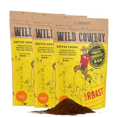 Abbildung von Blank Roast Wild Cowboy Kaffee gemahlen für Filter 1kg (3er Pack) mit Hickoryholz geröstet Ganze Kaffeebohnen aus Brasilien &amp; Uganda 100% Arabica Blend schokoladigen Nuancen säurearm