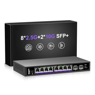 Abbildung von 10 Port 2.5Gb Unmanaged Ethernet Switch mit 8* 2.5G Base T Ports + 2* 10G SFP+ Ports. NICGIGA 8 2.5Gbps Netzwerk für NAS/PC, WiFi6 Router, Wireless AP. Lüfterloses Design