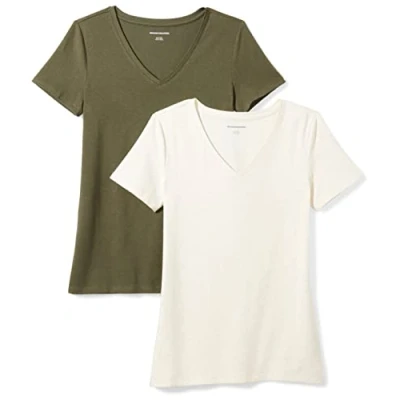 Abbildung von Amazon Essentials Damen Kurzärmeliges T Shirt mit V Ausschnitt, Klassischer Schnitt, 2er Pack, Olivgrün/Haferbeige Meliert, XL