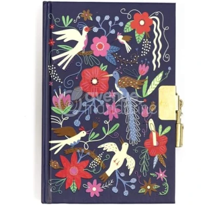 Abbildung von Avenue Mandarine CO205C Tagebuch, 120 Blatt, liniert, 11x14cm, 1 Stickerbogen, mit Schloss und Lesezeichen, Vögel Blumen Blau, Stück