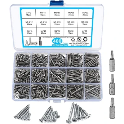 Abbildung von 400 Stück Selbstschneidendes Schrauben Sortiment Set, Edelstahl Senkkopf Torx Selbstbohrschrauben, Holz Trockenbauschrauben mit Bohrer M3/M3,5/M4, 12mm/16mm/20mm/25mm/30mm/35mm Silber