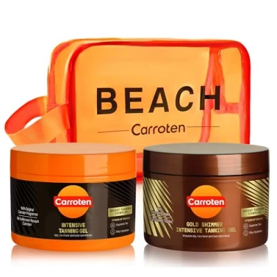 Abbildung von Carroten 2er Set Bräunungsbeschleuniger Bräunungsset aus Gold Tanning Gel 150 ml und Intensive Bräunungsgels für schnelle Bräunung, inkl. Kosmetiktasche