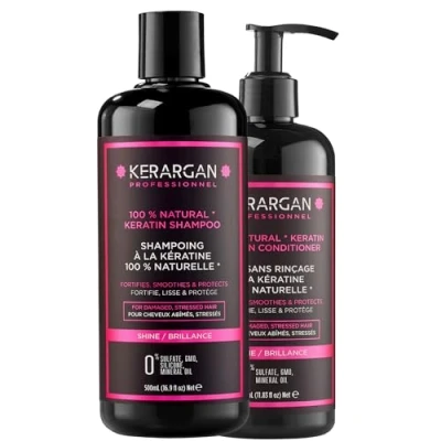 Abbildung von Kerargan Duo Shampoo und Leave In Pflege mit Keratin für strapaziertes gestresstes Haar Stärkt, Glättet Schützt Ohne Sulfate, Parabene Silikone 500ml + 350ml