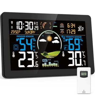 Abbildung von VIFLYKOO Wetterstation Funk mit Außensensor, Thermometer &amp; Hygrometer, Wettervorhersage, Luftdruck, DCF Funkuhr, VA Display, Batterie Netzbetrieb, für Innen Außen, Schwarz