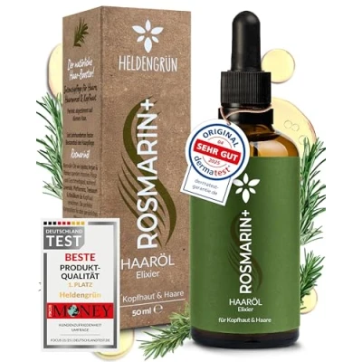 Abbildung von Heldengrün® Bio Rosmarin+ Haaröl [HOCHDOSIERT] Stimuliert Haarwachstum bei Haarausfall mit echtem Jojoba &amp; Rosmarinöl, Rosmarinöl Haare