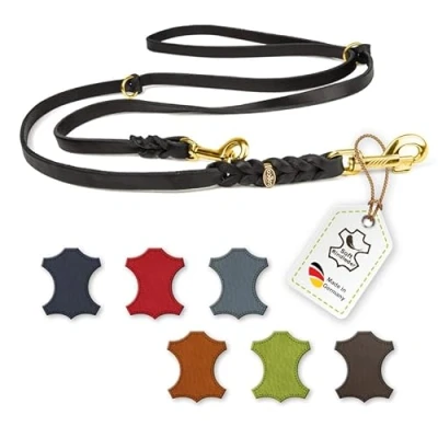Abbildung von CopcoPet Fettlederleine für Hunde 3 Fach verstellbare Hundeleine aus weichem Leder mit Karabinern &amp; Beschlägen Messing geflochtene Führleine 100% Handmade in Germany (3,50 m x 20mm Schwarz)
