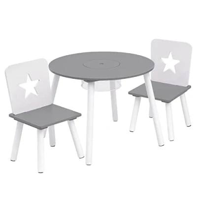 Abbildung von WOLTU SG012 Kindersitzgruppe 1 Kindertisch und 2 Kinderstühle, mit Stauraum, aus Kiefer Massiv Holz, Rund Tisch Möbel Set für Kinder, Grau+Weiß