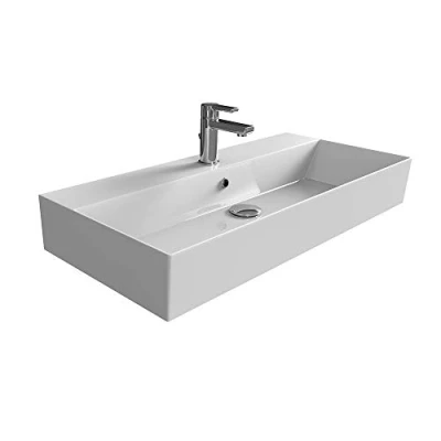 Abbildung von Aqua Bagno Waschbecken Aufsatzwaschbecken 90cm weiß eckig wandhängend Waschtisch