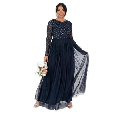Abbildung von Maya Deluxe Women&#039;s Ladies Maxi Dress Long Sleeve Round Neck Sequin Embellished Tulle Floral A line for Occasion Prom Ball Gown, Marineblau 44