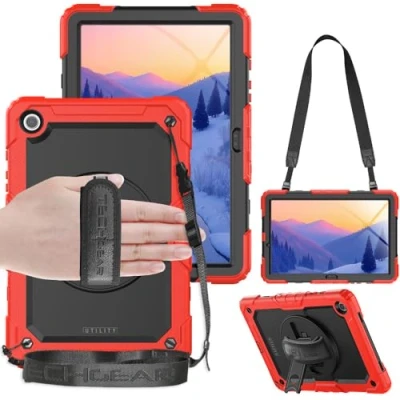 Abbildung von TECHGEAR UTILITY Schutzhülle für Samsung Galaxy Tab A9 Plus 27,9 cm (11 Zoll) (SM X210 / SM X215), robust, stoßfest, mit 360 drehbarem Ständer, Handschlaufe und Schultergurt, Schwarz