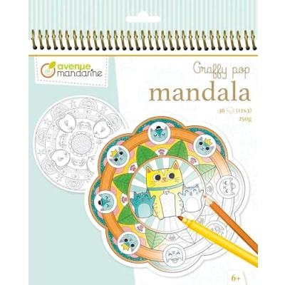 Abbildung von Avenue Mandarine GY030O Malbuch Graffy Pop Mandala, Zeichenpapier 250g, vorgestanzte Formen, 12 Motive wiederholen sich jeweils dreimal, ideal für Kinder ab 6 Jahren, 1 Stück, Tiere