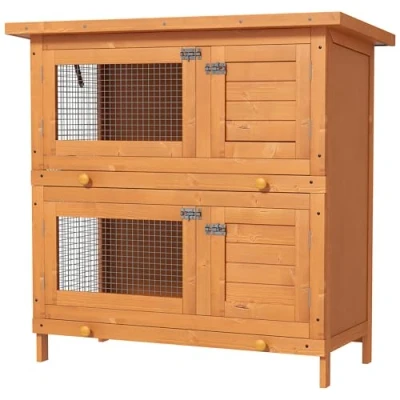 Abbildung von PawHut Kleintierstall Kleintierhaus mit Asphaltdach Zwergkaninchenstall doppelstöckig Meerschweinchenstall wetterbeständig Kleintierkäfig Tierstall für Outdoor Tannenholz 90 x 45 cm Gelb