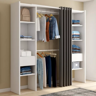 Abbildung von IDMarket Ausziehbarer Doppel Kleiderschrank Meryl 120/180 x 50 180 cm Weiß mit Regalen + Doppelschrank Vorhang Grau
