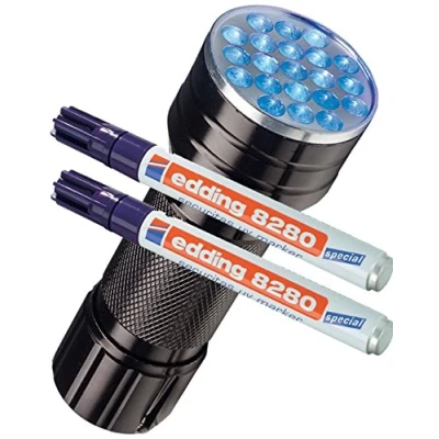Abbildung von edding Doppelpack Spezialmarker 8280 securitas UV Marker, 1,5 3 mm, farblos + eine LED Lampe