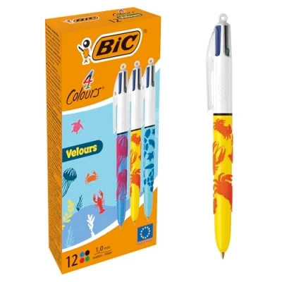 Abbildung von BIC 4 Farben Kugelschreiber Set Colours Velours, mit samtiger Oberfläche in Dschungelmotiven, 12er Pack, Ideal für das Büro, Home Office oder die Schule