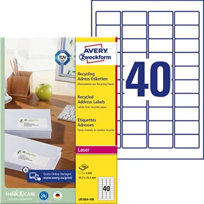 Abbildung von AVERY Zweckform LR7654 100 Recycling Etiketten (4.000 Adressaufkleber, 45,7x25,4mm auf A4, 100% recyceltes Altpapier, bedruckbar, selbstklebend, für alle Briefkuverts) Blatt, naturweiß