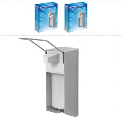 Abbildung von 2x ARNOMED Desinfektionsspender Aluminium, Seifenspender langer Armhebel für 500ml, zur Wandbefestigung, Eurospender Desinfektionsmittel, Soap Dispenser, Desinfektionsmittelspender