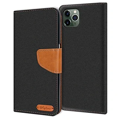 Abbildung von Verco kompatibel mit Apple iPhone 11 Pro Max Hülle, Schutzhülle für Tasche Denim Textil Book Case Flip (6,5 Zoll) Klapphülle, Schwarz
