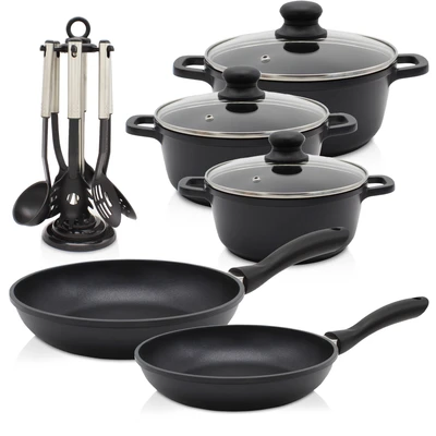 Abbildung von Krüger Topf Set &quot;Aluguss / Pfannenset LEIPZIG inkl. Küchenhelfern, 15 tlg.&quot;, Aluminiumguss, (Set, tlg., Fleischtopf 16+20+24 cm, Pfanne flach 20+28 7 tlg. Küchenhelferset), Küchenhelfer
