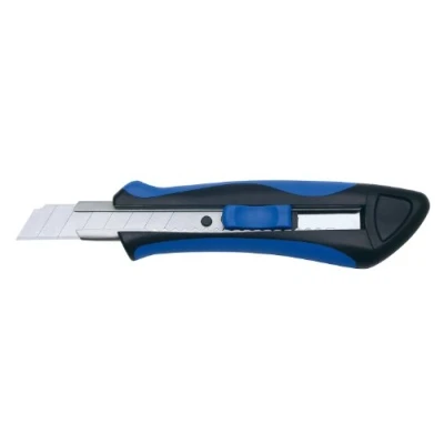 Abbildung von Wedo 78918 Cutter Softgrip 18 mm, gummierte Griffschale mit Rutschbremse, Rasterautomatik, Metallkern, inkl. 2 Ersatzklingen, blau