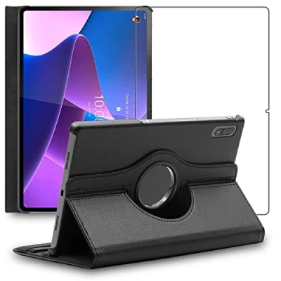 Abbildung von ebestStar Hülle für Lenovo Tab P12 Pro, Drehbar Schutzhülle, PU Lederhülle, Rotierende Ständer Etui, Rotating Case Cover, Schwarz + Panzer Schutz Glas