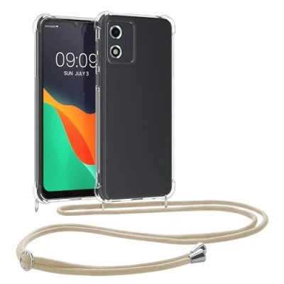 Abbildung von kwmobile Necklace Case kompatibel mit Motorola Moto E13 Hülle Silikon Cover Handykette Band Handyhülle Gold Transparent