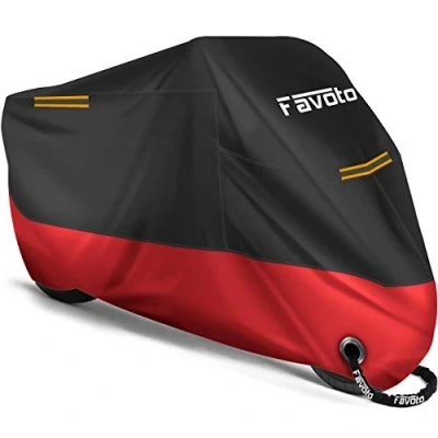Abbildung von Favoto Verbesserte Version Motorradabdeckung Wasserdicht Motorrad Abdeckplane Outdoor Motorradgarage Motorroller Abdeckung Winterfest mit 2 Gürtelschnalle Schwarz Camouflage XXL 245cmx105cmx125cm