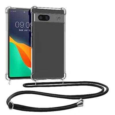Abbildung von kwmobile Necklace Case kompatibel mit Google Pixel 7a Hülle Silikon Cover Handykette Band Handyhülle Schwarz Transparent