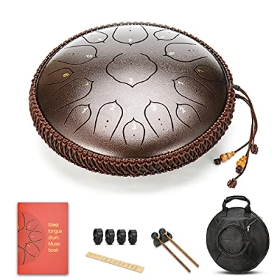 Abbildung von Amkoskr Stahlzungentrommel, 14 Zoll 35 cm Steel Tongue Drum, D Dur 15 Noten, Handtrommel HandPan Drum mit Drumsticks/Tragetasche(Bronze)