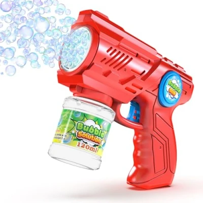 Abbildung von Blubbel Seifenblasenpistole, LED Seifenblasenmaschine, 100ml Seifenblasenflüssigkeit Tank, Seifenblasen Pistole, Blasen Kanone, Luftblasen Bazooka Bubble Gun, Geschenke für Kinder, Hochzeit